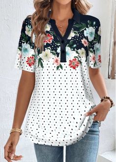 Color:Navy;Size:S;Size:M;Size:L;Size:XL;Size:XXL;Package Contents:1 X Blouse;Occasion:Other;Style:Casual; Shirt Collar Blouse, Dots Clothing, Blouse Size Chart, Mix Match Outfits, London Fashion Week Street Style, London Street Style, Navy Shirt, Floral Print Shorts, Collar Blouse