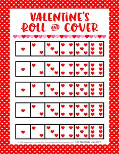 valentine's roll and cover game with hearts on red polka doted paper in the background