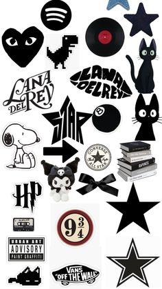 various black and white stickers on a white background