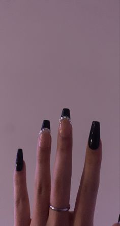 Black Fake Nails Acrylics, Acrylic Nails Ideas Ballerina Medium, Prom Acrylics Coffin, Nails Acrylic Concert, Coffin Shape Nails Designs Black, Black French Tip Nails With Gems Almond, Simple Black Nail Inspo Short, Coffin Shape Nails Medium Length, Black Nail Inspo With Gems