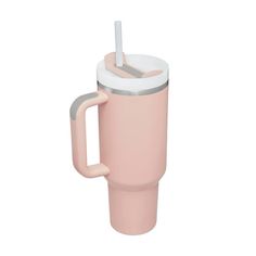 a pink coffee cup with a straw sticking out of the lid and handle, on a white background