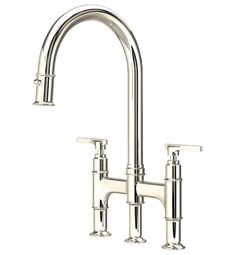 a chrome faucet with two handles