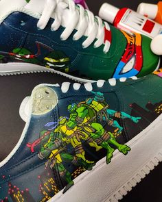 Teenage Mutant Ninja Turtles Air Force 1 Custom Customized Nike Shoes, Af1 Shoes, Iconic Wallpaper, Unique Sneakers, Shoes Diy, Air Force 1 Custom, Custom Air Force 1, Leather Paint, Womens Wedding Shoes