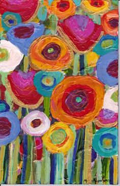 an abstract painting of colorful flowers