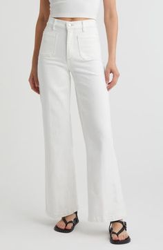 These '70s-inspired wide-leg palazzo jeans are cut from low-stretch denim with front patch pockets and a crisp white wash. 32" inseam; 24" leg opening; 12" front rise; 16" back rise (size 29) Zip fly with button closure Front patch pockets; back patch pockets 98% cotton, 2% elastane Machine wash, tumble dry Made in the USA of imported fabric Jeans No Holes, Palazzo Jeans, Men Home Decor, Rollerball Perfume, Beauty Sale, Fragrance Design, 70s Inspired, Nordstrom Store, Free Fabric