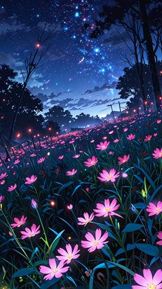 the night sky is filled with stars and pink flowers, as well as many trees