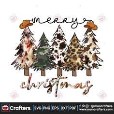 merry christmas trees with leopard print and cowboy hats on them, in front of a white background