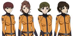 four women in orange uniforms standing next to each other with their hands on their hipss