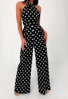 Clubwear Bodysuit, Summer Jumpsuit, Polka Dot Jumpsuit, Polka Dot Pants, Polka Dots Fashion, Halter Jumpsuit, Women Halter, High Waist Fashion, Jumpsuit Party