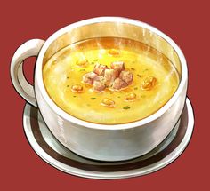 a painting of a bowl of soup with meatballs in it on a red background