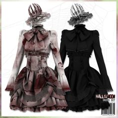 two different dresses are shown on the same page, one is black and white with red accents