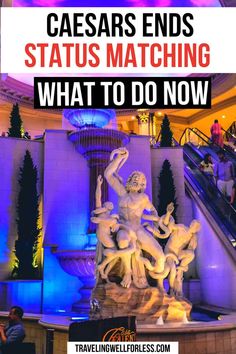 a fountain with the words caesars ends status matching what to do now on it