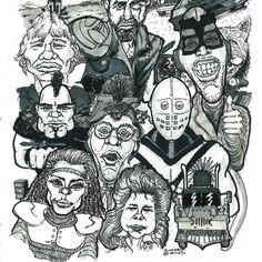 a drawing of many people with masks on them