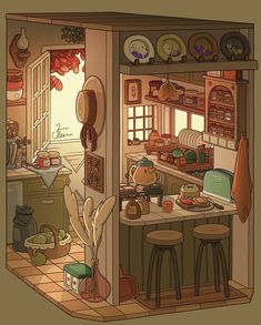 an illustration of a small kitchen with lots of clutter on the counter and stools