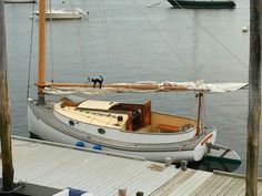 a sailboat docked at a dock with other boats in the water and one dog standing on it