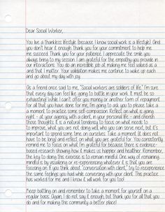 a handwritten letter to someone about social worker