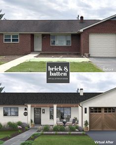 before and after photos of a brick and batten home