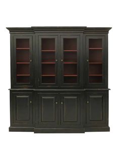 an antique black china cabinet with glass doors