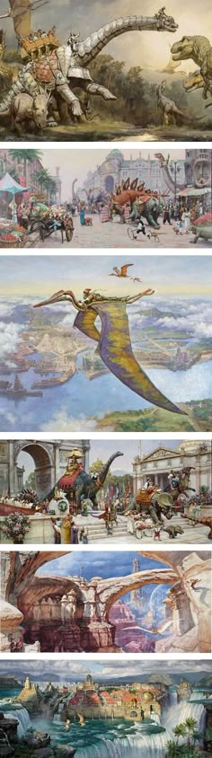 four different views of the same city and its surroundings, including an image of a bird flying