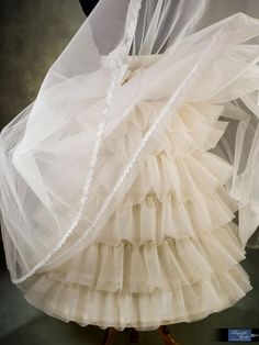 a white dress with ruffles on it and a veil hanging from the back