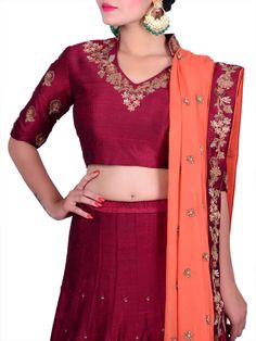 Shrut & Prit-Maroon and Orange Embroidered Bridal Lehenga Set - Trendroots Orange Raw Silk Choli With Resham Embroidery, Silk Thread Choli With Resham Embroidery, Silk Thread Resham Embroidery Choli, Fitted Silk Saree Set, Fitted Sets With Resham Embroidery In Silk, Embroidered Silk Sets For Navratri, Navratri Embroidered Silk Thread Sets, Embroidered Silk Thread Sets For Navratri, Silk Thread Choli With Pallu