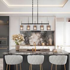 an elegant kitchen with marble counter tops and gold pendant lights hanging from the ceiling over the island