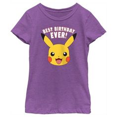 a purple t - shirt with a pikachu face on it that says best birthday ever