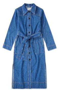 When denim and dress days come together, this perfectly faded, belted option is the ideal answer to the what to wear question. 50" length Front button closure Spread collar Long sleeves with one-button cuffs Front patch pockets Removable sash 80% cotton, 20% recycled cotton Machine wash, line dry Made in Portugal Belted Medium Wash Denim Dress For Work, Blue Belted Button-up Denim Dress, Denim Top Women, Shirtdress, Come Together, Top Women, Denim Top, Recycled Cotton, Denim Dress