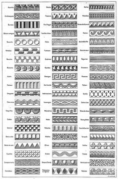 an old book with many different types of decorative designs on it, including lines and shapes