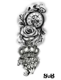 a black and white drawing of a rose with a clock on it's side