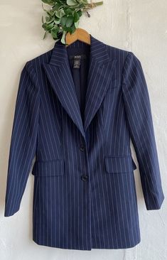 Body By Victoria Blazer Jacket 2 Button Blue Size 4 Petite 4P Pinstripe Lined Fitted Pinstripe Double-breasted Blazer, Classic Single-breasted Pinstripe Outerwear, Luxury Pinstripe Blazer With Double-breasted Buttons, Classic Single-breasted Pinstripe Blazer, Pinstripe Cotton Button-up Blouse, Blazer Jacket, Blazer, Clothes Design, Blue