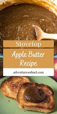 an apple butter recipe is shown on a plate with bread and apples in the background