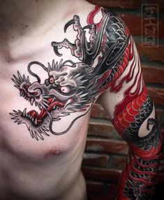 a man with a dragon tattoo on his chest