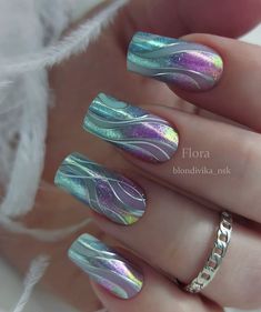 Fancy Gel Nails, Mermaid Nail Designs, Nail Art Spring, Silhouette Nails, Mermaid Nail, Aqua Nails, Art Deco Nails