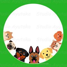 a group of dogs sitting in a circle on top of a green background with space for text