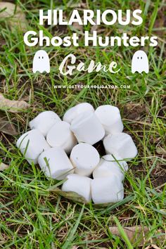 white marshmallows in the grass with text overlay that reads hilarious ghost hunters game