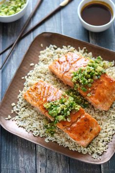 salmon and rice with sauce on a plate