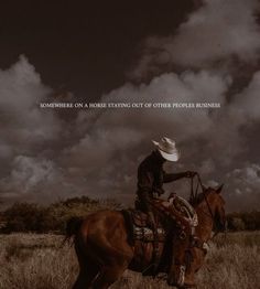 a man riding on the back of a brown horse in a field under a cloudy sky