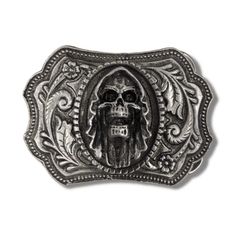 Laughing Grim Reaper Belt Buckle:      Made in the USA by Mobtown Chicago.  Hand cast, heavy duty, pewter belt buckle.  Resin Color.  Fits standard 1-3/4 inch removable belt buckle belts or smaller. Cowboy Belt Buckle Knife, Silver Antique Belt Buckles For Western-themed Events, Silver Antique Buckle For Western-themed Events, Silver Antique Buckle Belt For Western-themed Events, Belt Buckles Cowgirl Coolbuckles.biz, Wolf Belt Buckle, Western Belt Buckles Coolbuckles.biz, Turntable Record Player, Skull Belt Buckle