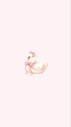 a white swan with a pink bow on its head floating in the air, against a light pink background