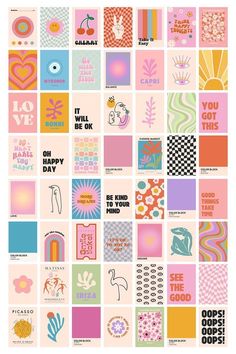 an assortment of posters with different colors and designs on them, including the words i love you