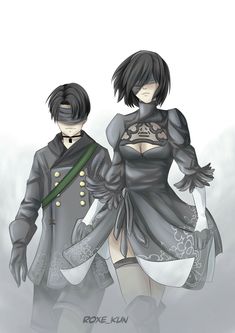 two anime characters dressed in black and white