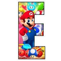 the letter e is made up of mario and luigi's characters, all in different colors