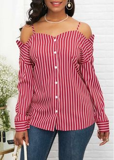 Striped Cold Shoulder Spaghetti Strap Shirt on sale only US$28.24 now, buy cheap Striped Cold Shoulder Spaghetti Strap Shirt at liligal.com Spaghetti Strap Shirt, Casual Blouse Shirts, Ladies Blouse Designs, Trendy Tops For Women, Trendy Fashion Tops, Button Front Shirt, Ladies Dress Design, Casual Blouse, Trendy Tops