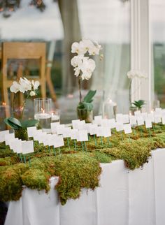 moss covered tables with white flowers and place cards on them in front of a window