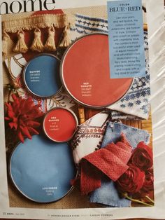 a magazine with some red and blue items on it