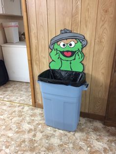 a trash can with a cartoon character on it