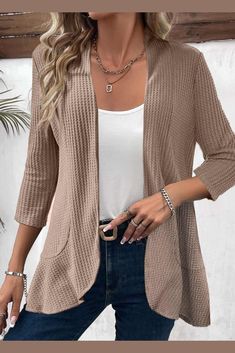 ROTITA Ruffle Patchwork 3/4 Sleeve Light Cardigan Beige Cardigan Outfit, Minimalist Wardrobe Essentials, 60 Outfits, Light Cardigan, Swimwear Suits, Over 50 Womens Fashion, Cardigan Outfits, Plaid Tops, Casual Fall Outfits