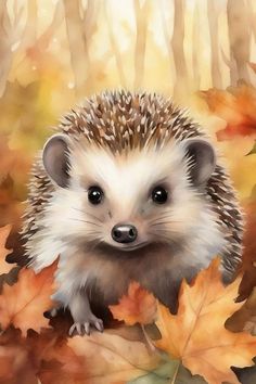 a hedgehog sitting on top of leaves in front of some trees with orange and yellow leaves