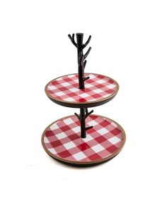 two tiered trays with red and white checkered tablecloth on each shelf